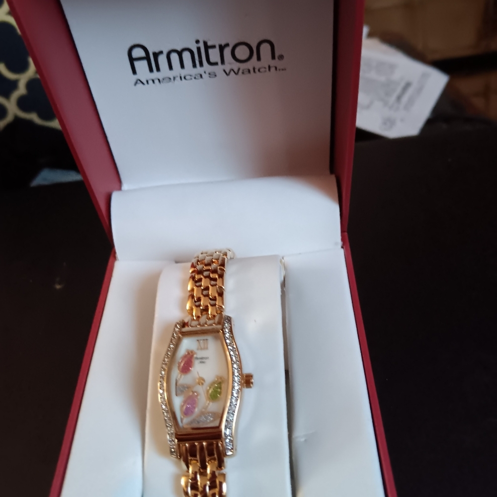 Armitron Floral Gold Band Rhinestone Watch 